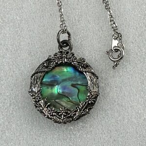 Abalone Shell Pendant Necklace Floral Silver Tone Iridescent Vintage Style
